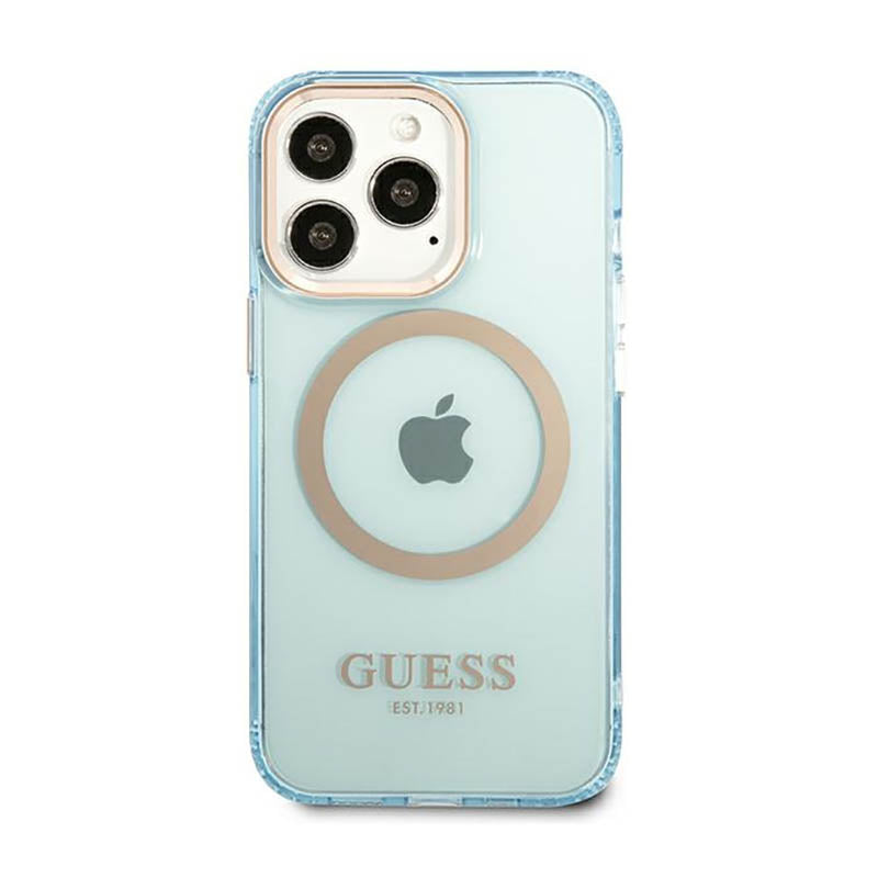 Guess Gold Outline Translucent MagSafe – dėklas, skirtas „iPhone 13 Pro“ (mėlynas)