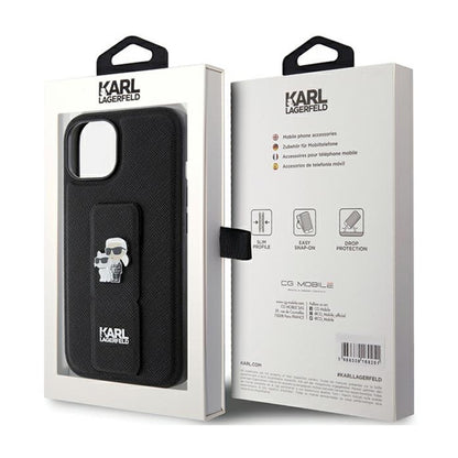 Karl Lagerfeld Gripstand Saffiano Karl & Choupette Pins – „iPhone 15 Plus“ dėklas (juodas)