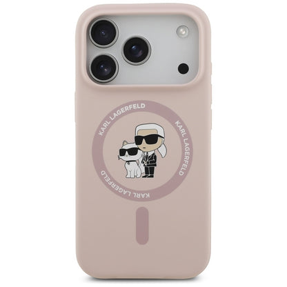 Karl Lagerfeld Silikoninis dėklas su Karl & Choupette žiedu MagSafe iPhone 17 Pro (rožinis)
