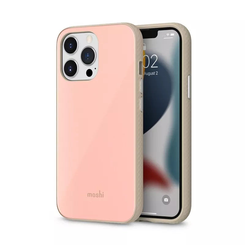 Moshi iGlaze – aukščiausios kokybės hibridinis dėklas „iPhone 13 Pro“ (SnapTo sistema) („Dahlia Pink“)