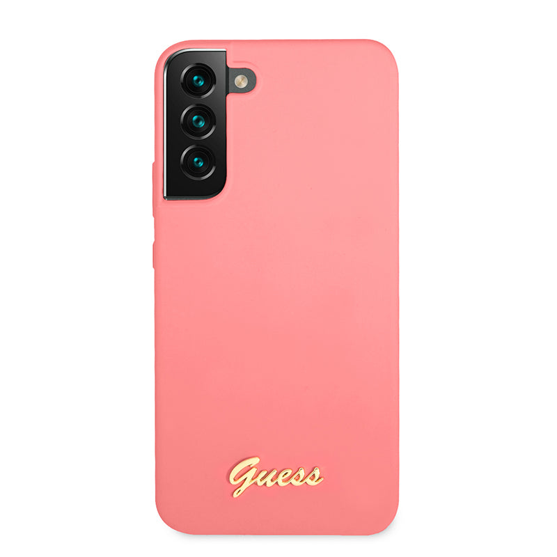 Guess Silicone Script Metal Logo – dėklas Samsung Galaxy S22+ (fuksija)