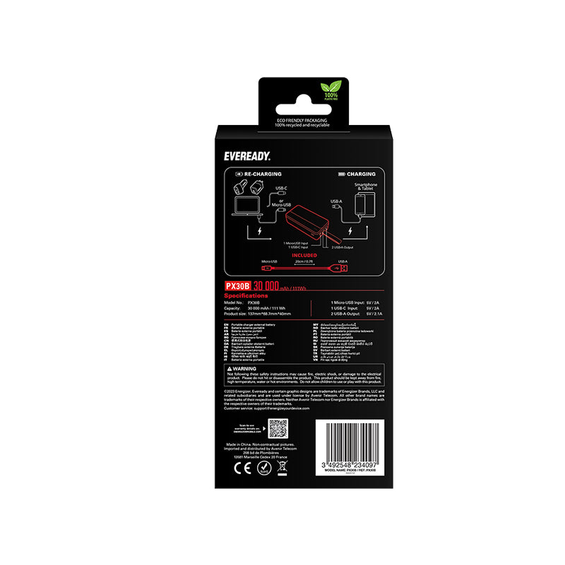 Eveready PX30B - Powerbank 30000 mAh 2x USB-A (Juoda)