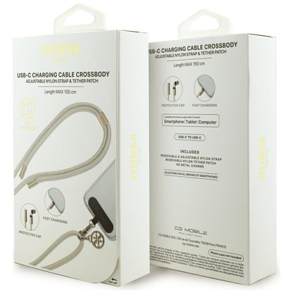 Guess Dirželis per petį 4G Charm - Universalus telefono dirželis / USB-C į USB-C kabelis 1.5m (Smėlio spalvos)