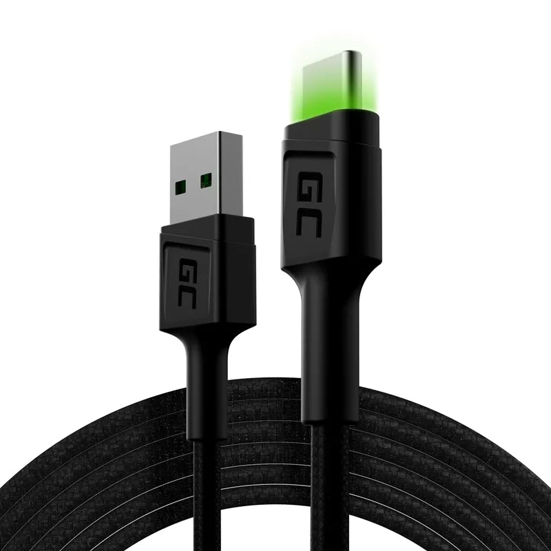 Kabelis Green Cell Ray USB-A – USB-C su žaliu LED indikatoriumi, 200 cm, palaikantis Ultra Charge QC3.0 spartųjį įkrovimą