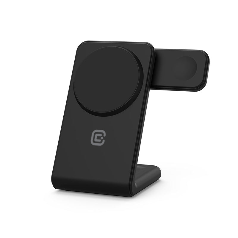 Crong MagSpot Pivot Stand - 3-in-1 belaidis įkroviklis su MagSafe, skirtas iPhone, Apple Watch ir AirPods (juodas)