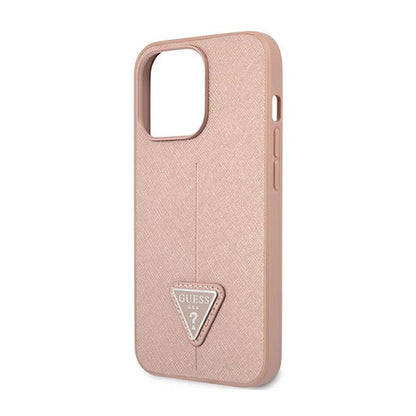 Guess Saffiano Triangle Logo dėklas – dėklas skirtas iPhone 14 Pro (rožinės spalvos)