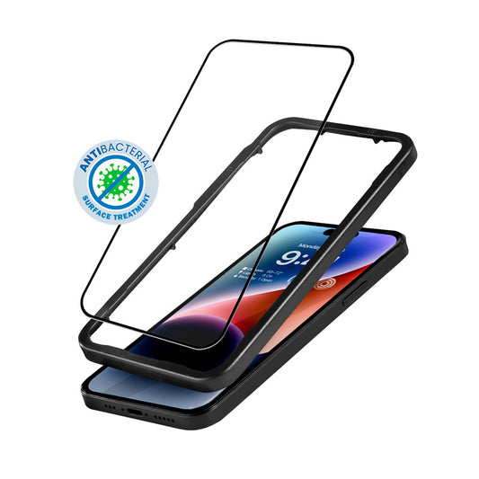 Crong Anti-Bacterial 3D Armour Glass – 9H grūdintas stiklas visam iPhone 14 Pro ekranui + montavimo rėmelis