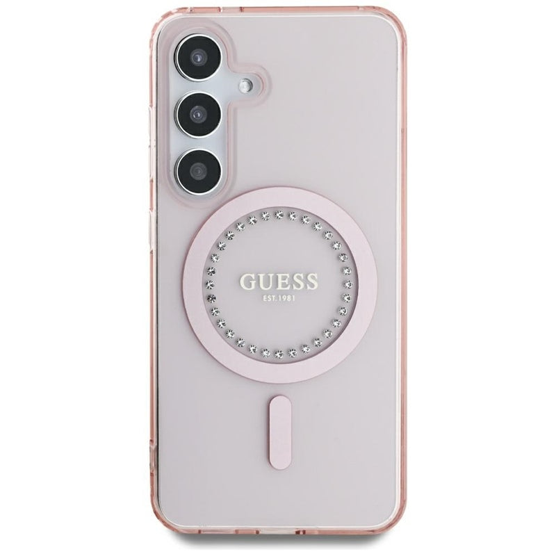 Guess Rhinestones Printed Classic Logo MagSafe – dėklas, skirtas „Samsung Galaxy S25“ (rožinė)
