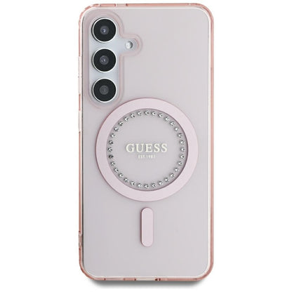 Guess Rhinestones Printed Classic Logo MagSafe – dėklas, skirtas „Samsung Galaxy S25“ (rožinė)