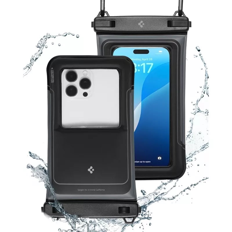Spigen A611P Universalus vandeniui atsparus plūduriuojantis dėklas, 2 vnt. – Vandeniui atsparus dėklas išmaniesiems telefonams iki 6,9" (Matinė juoda)