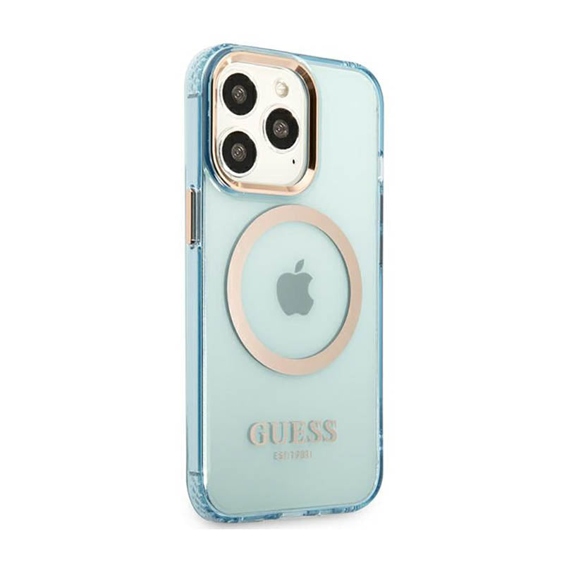 Guess Gold Outline Translucent MagSafe – dėklas, skirtas „iPhone 13 Pro“ (mėlynas)