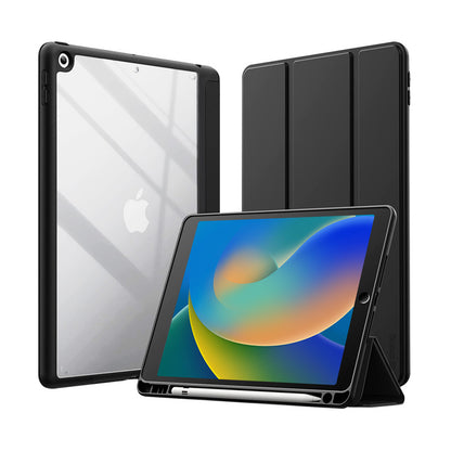 Crong PrimeFolio dėklas – iPad 10.2” (2021-2019) su stoveliu ir „Apple Pencil“ laikikliu (juodas/skaidrus)