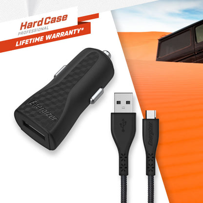 Energizer HardCase – USB-A 1A automobilinis įkroviklis + Micro USB kabelis (juodas)