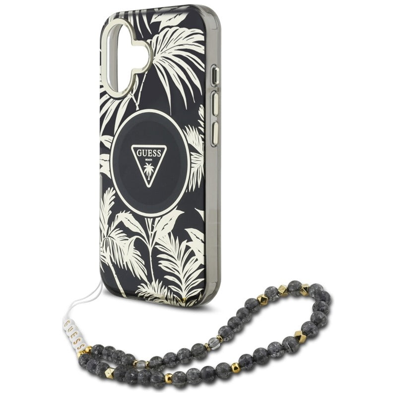 Guess Palm Trees Triangle Pearl Strap MagSafe – dėklas iPhone 16 (juoda)
