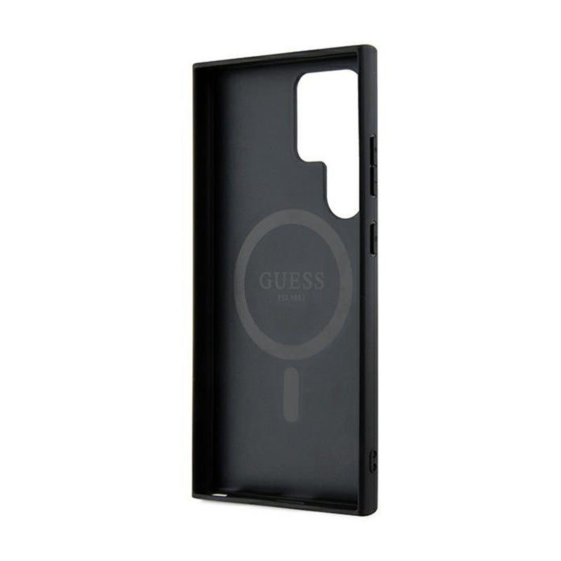 Guess 4G Collection Leather Metal Logo MagSafe – dėklas Samsung Galaxy S24 Ultra (juodas)