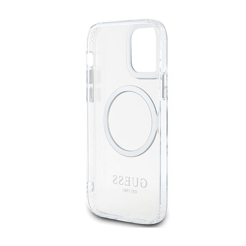 Guess Metal Outline MagSafe – dėklas, skirtas iPhone 12 / iPhone 12 Pro (skaidrus / sidabrinis)
