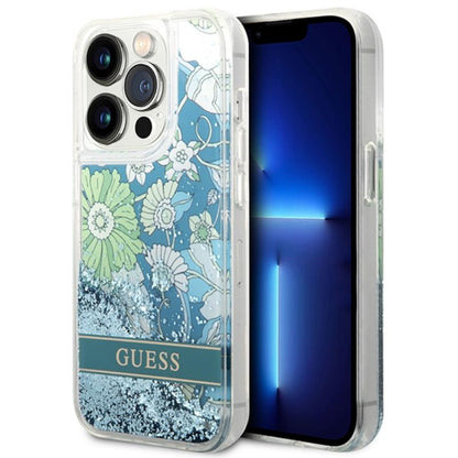 Guess Liquid Glitter Flower – dėklas iPhone 14 Pro Max (žalias)