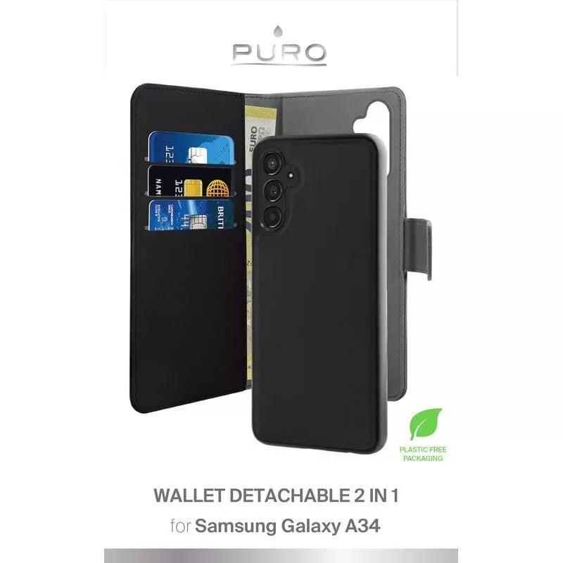 PURO Wallet Detachable – dėklas 2in1, skirtas Samsung Galaxy A34 5G (juodas)