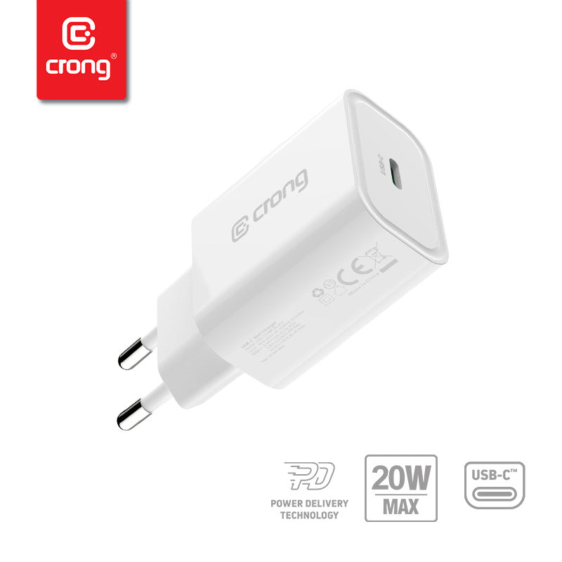 Crong USB-C kelioninis įkroviklis – sieninis įkroviklis USB-C Power Delivery 20W (baltas)