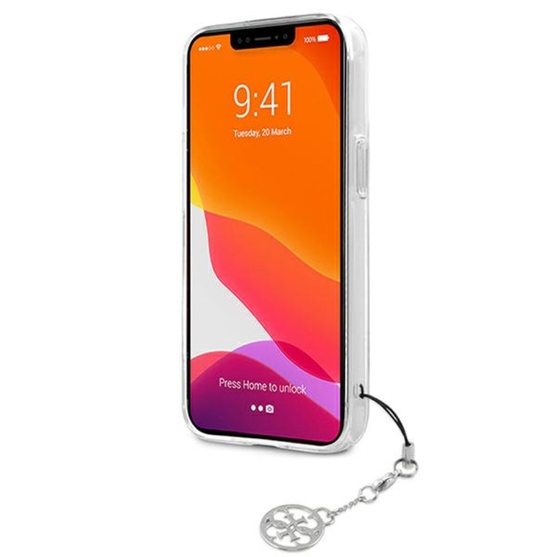 Guess 4G Stripe Grey Charm – dėklas, skirtas „iPhone 13 mini“ (permatomas)