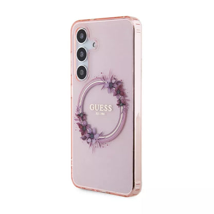 Guess IML Gėlių vainikas MagSafe dėklas Samsung Galaxy S24 (Rožinis)