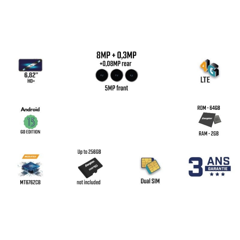 Energizer Ultimate U683S – išmanusis telefonas su 2GB RAM, 64GB vidine atmintimi, 6.82 colių ekranu, 4G LTE, Dual SIM, skirtas ES rinkai (juodos spalvos).