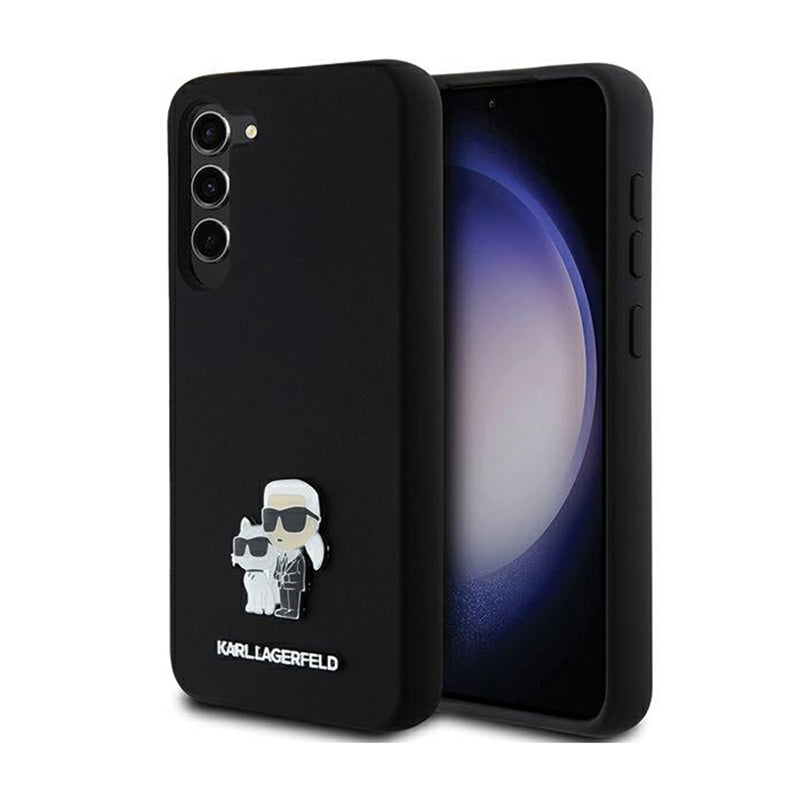 Karl Lagerfeld Silicone Karl & Choupette Metal Pin - dėklas „Samsung Galaxy S24+“ (juodas)