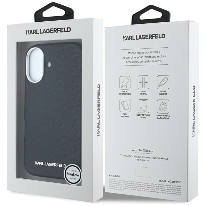 Karl Lagerfeld Saffiano Full Wrapped Elongated Metal Logo MagSafe – dėklas, skirtas iPhone 16 (juodas)