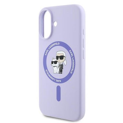Karl Lagerfeld Silikoninis dėklas su Karl & Choupette ir MagSafe žiedu – skirtas iPhone 16 (violetinė)