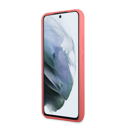 Guess Silicone Script Metal Logo – dėklas Samsung Galaxy S22+ (fuksija)