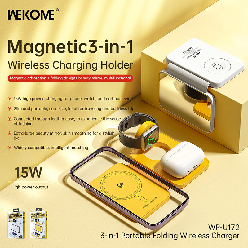WEKOME WP-U172 – belaidis 3-in-1 įkroviklis su "MagSafe" sistemai skirta "iPhone", "Apple Watch" ir "AirPods", su veidrodžiu (geltonas)