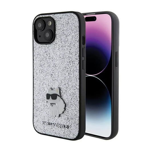 Karl Lagerfeld Fixed Glitter Choupette Logo Metal Pin – dėklas iPhone 15 / 14 / 13 (sidabrinis)