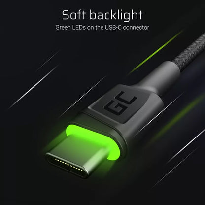 Kabelis Green Cell Ray USB-A – USB-C su žaliu LED indikatoriumi, 200 cm, palaikantis Ultra Charge QC3.0 spartųjį įkrovimą