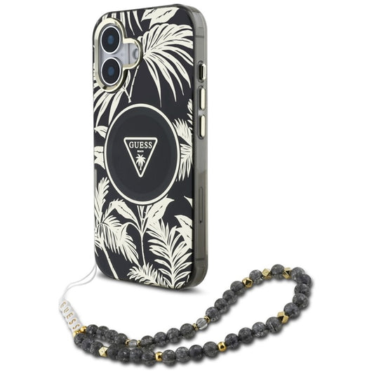 Guess Palm Trees Triangle Pearl Strap MagSafe – dėklas iPhone 16 (juoda)