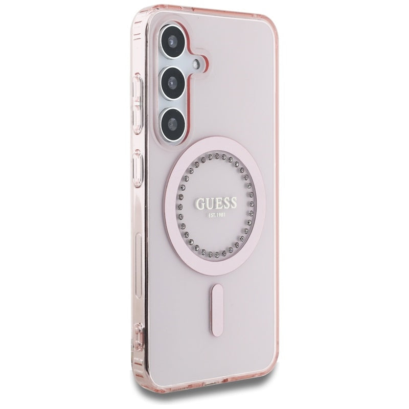 Guess Rhinestones Printed Classic Logo MagSafe – dėklas, skirtas „Samsung Galaxy S25“ (rožinė)