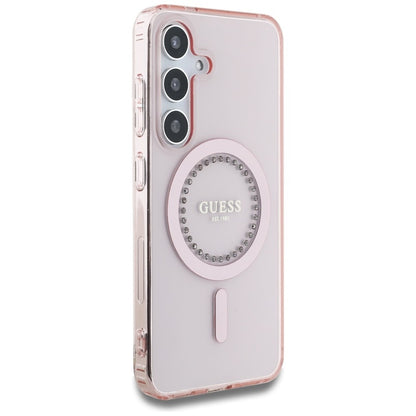 Guess Rhinestones Printed Classic Logo MagSafe – dėklas, skirtas „Samsung Galaxy S25“ (rožinė)