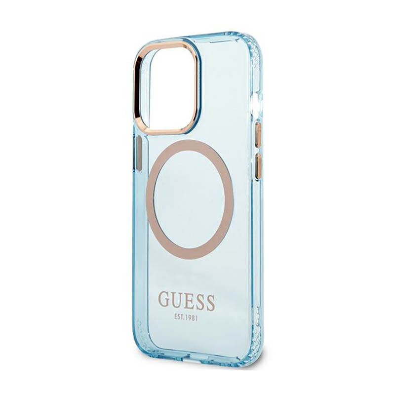 Guess Gold Outline Translucent MagSafe – dėklas, skirtas „iPhone 13 Pro“ (mėlynas)