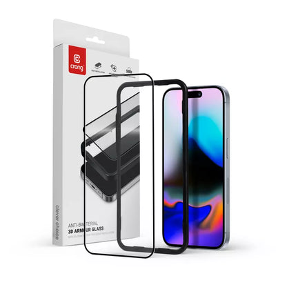 Crong Antibakterinis 3D Armour Glass – Grūdintas stiklas 9H visam ekranui, skirtas iPhone 16 Pro + montavimo rėmelis