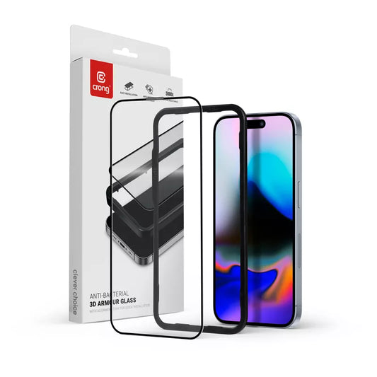 Crong Antibakterinis 3D Armour Glass – Grūdintas stiklas 9H visam ekranui, skirtas iPhone 16 Pro + montavimo rėmelis