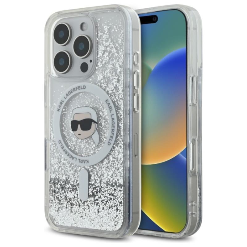Karl Lagerfeld Liquid Glitter Karl Head MagSafe – dėklas, skirtas iPhone 16 Pro (skaidrus)