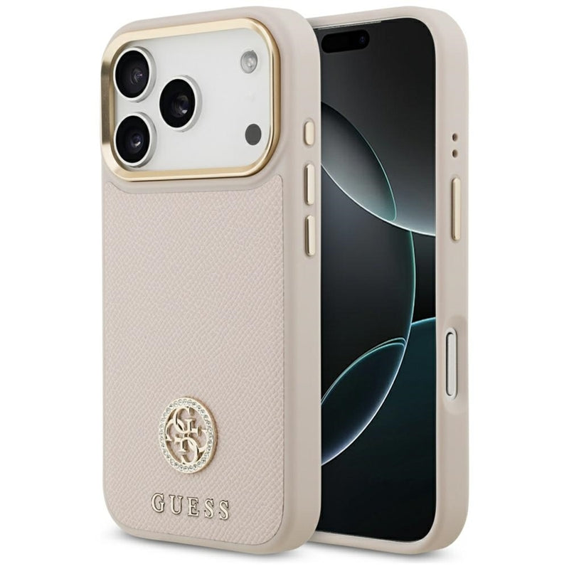 Guess Grūdėtas Strass Logotipas MagSafe dėklas iPhone 17 Pro (rožinis)