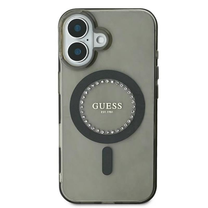 Guess IML Rhinestones MagSafe – Dėklas iPhone 16 (juodas)