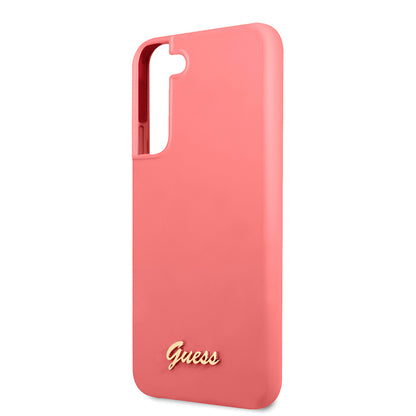 Guess Silicone Script Metal Logo – dėklas Samsung Galaxy S22+ (fuksija)
