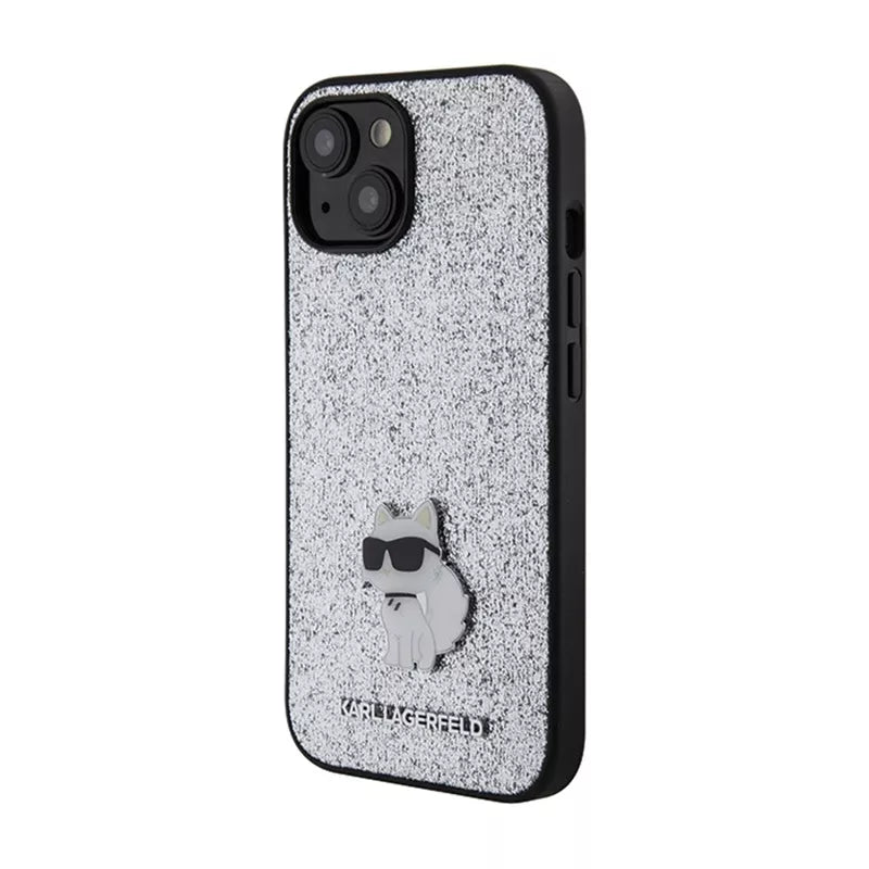 Karl Lagerfeld Fixed Glitter Choupette Logo Metal Pin – dėklas iPhone 15 / 14 / 13 (sidabrinis)