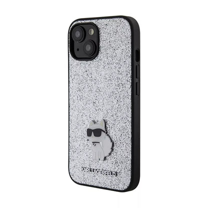 Karl Lagerfeld Fixed Glitter Choupette Logo Metal Pin – dėklas iPhone 15 / 14 / 13 (sidabrinis)