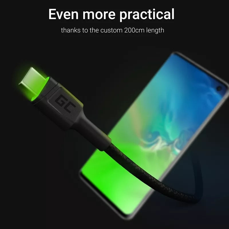 Kabelis Green Cell Ray USB-A – USB-C su žaliu LED indikatoriumi, 200 cm, palaikantis Ultra Charge QC3.0 spartųjį įkrovimą