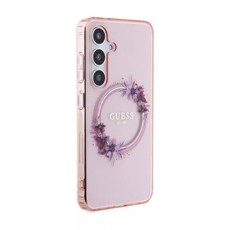 Guess IML Gėlių vainikas MagSafe dėklas Samsung Galaxy S24 (Rožinis)
