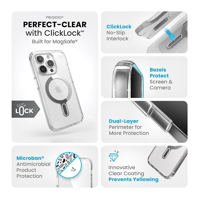 Speck Presidio Perfect-Clear ClickLock & Magsafe – „iPhone 15 Pro“ dėklas (skaidrus / chromo apdaila / ramus sidabras)