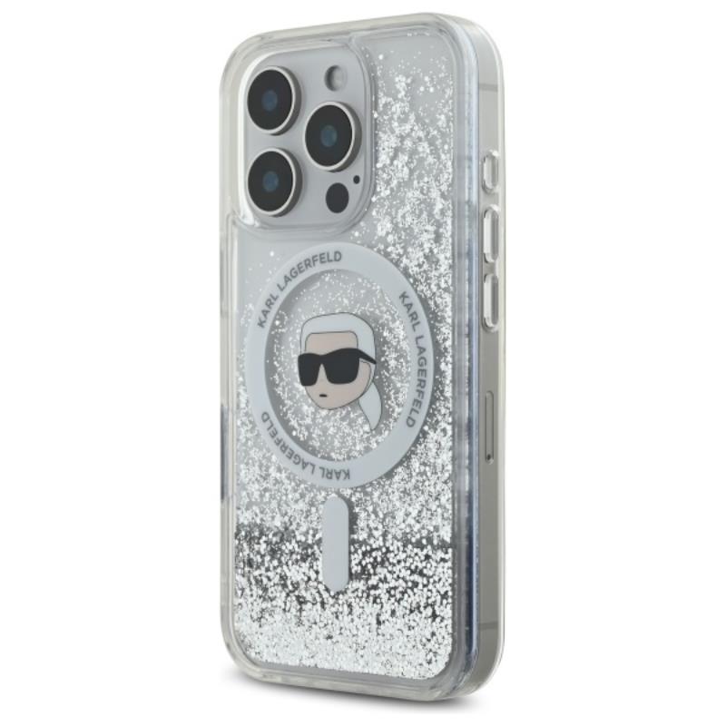 Karl Lagerfeld Liquid Glitter Karl Head MagSafe – dėklas, skirtas iPhone 16 Pro (skaidrus)