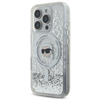 Karl Lagerfeld Liquid Glitter Karl Head MagSafe – dėklas, skirtas iPhone 16 Pro (skaidrus)